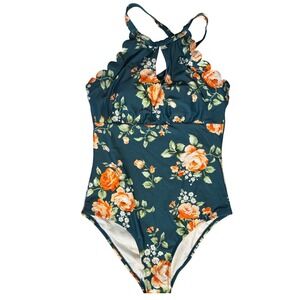 NWT Cupshe Floral One Piece‎ Swimsuit Scalloped Halter Neck Teal Orange Medium M